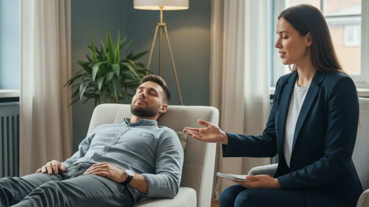 Ademcoach begeleidt cliënt tijdens een rustige ademcoaching sessie in een professionele praktijkruimte.