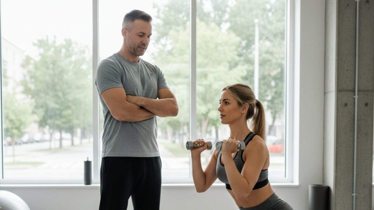 Sportcoach die een cliënt persoonlijk begeleidt tijdens een training met aandacht voor houding en doelen