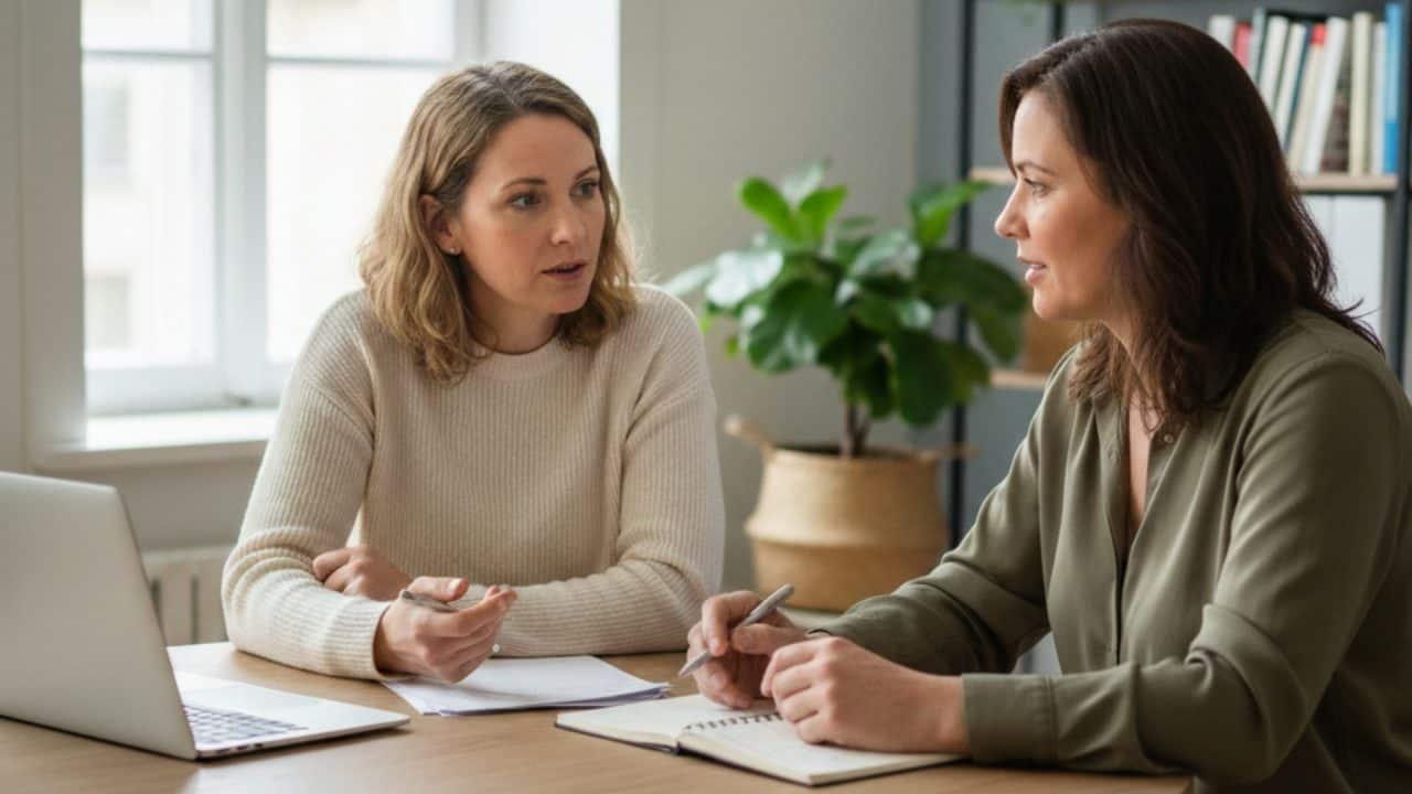 Loopbaancoach in gesprek met cliënt tijdens professionele coachsessie over carrièreontwikkeling