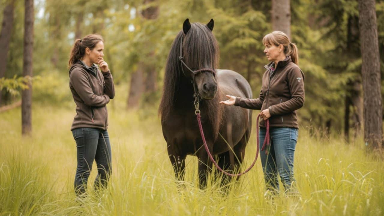 Paardencoach begeleidt cliënt tijdens sessie naast los paard in rustige buitenomgeving